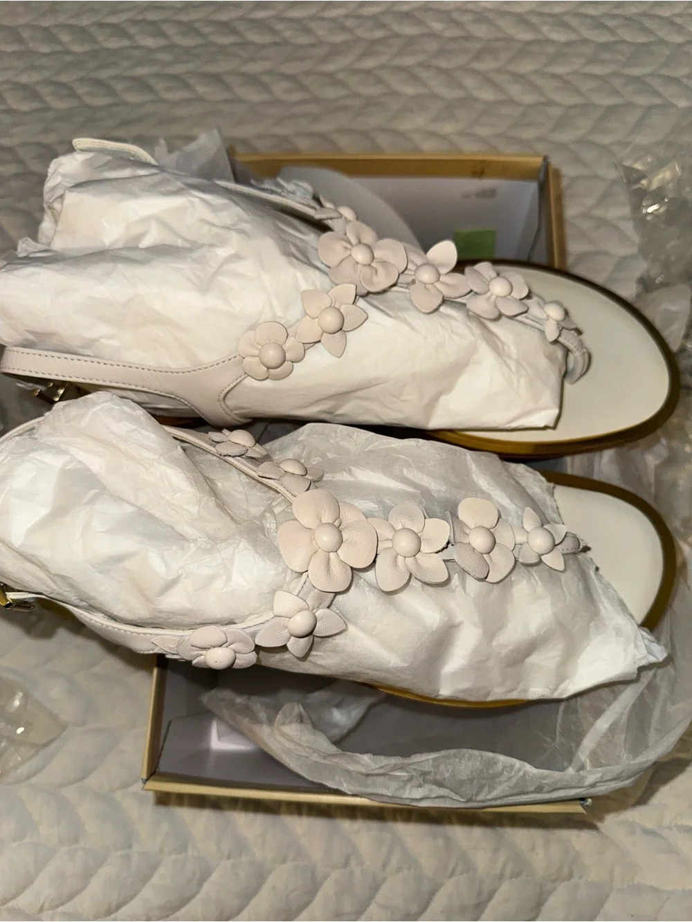 Michael Kors “Tricia” White Floral T-Strap Sandal with Gold Trim